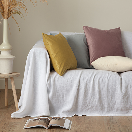 linen slipcover and velvet pillowcases