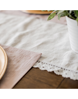 linen for kitchen and dining by Linen Duet - Linen Table Runner with White Lace