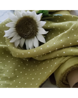 Soft Olive Green with White Dots Linen Fabric 57"