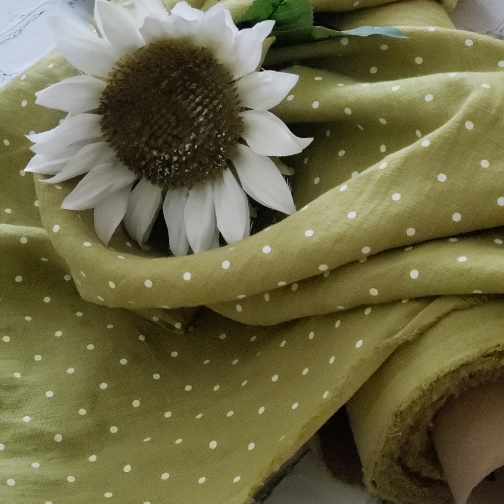 linen fabrics -  Soft Olive Green with White Dots Linen Fabric 57"