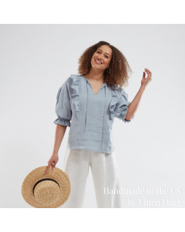 Linen Blouse with Puffy Sleeves, Linen Tunic with Ruffles on the Front