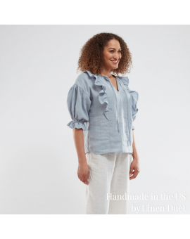 linen clothing by Linen Duet -  Linen Blouse with Puffy Sleeves, Linen Tunic with Ruffles on the Front