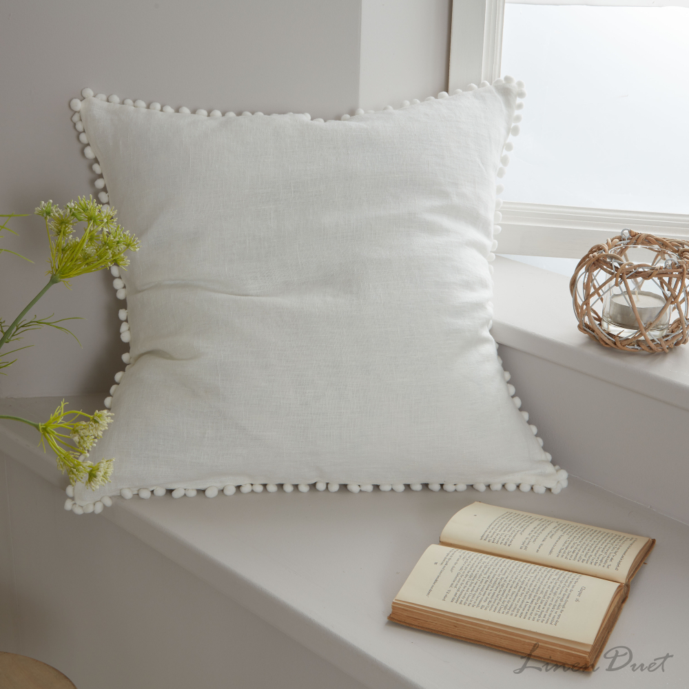 linen home décor - Linen Pillowcase with White Pom-Pom Trim