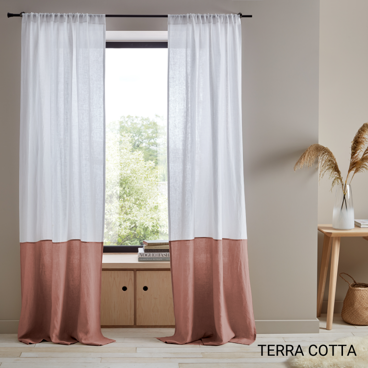Color Block Natural Linen Curtains with Rod Pocket, European Linen