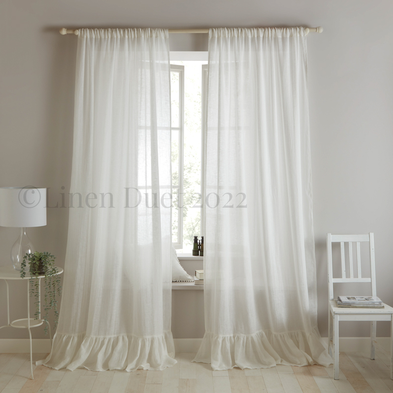 Natural Linen Curtains with Pom-Pom Trim, European Linen