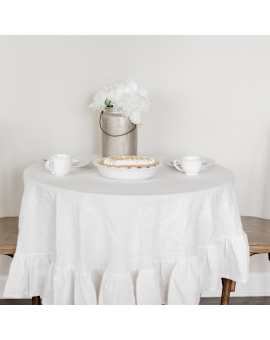 Ready -to-Ship Round Ruffled Linen Tablecloth Off-white