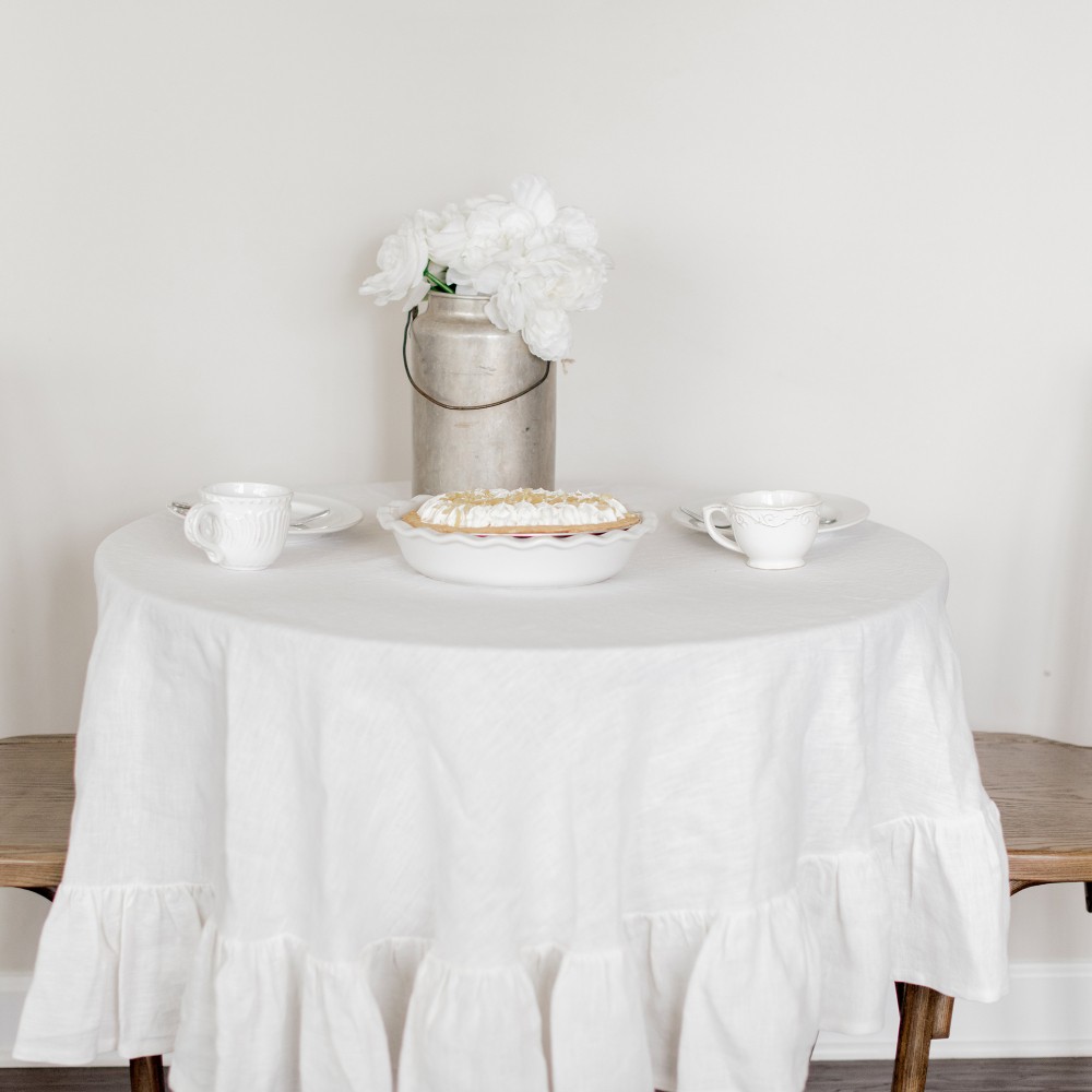 Table Linens  Round Ruffled Linen Tablecloth Off-white (Ready to Ship )