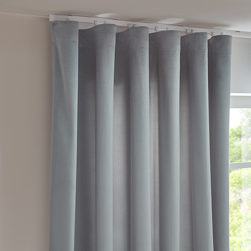 velvet curtains ripplefold in grayish blue