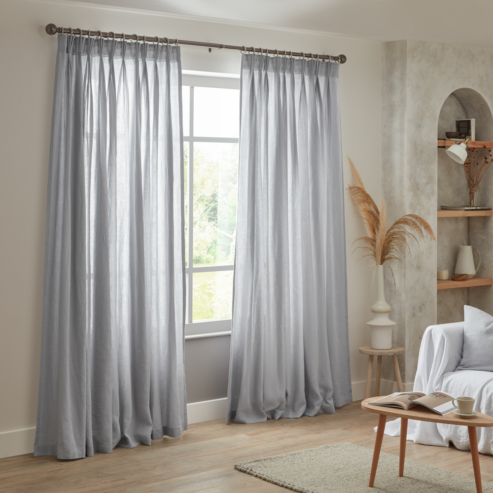greyish blue linen curtains with pinch pleat